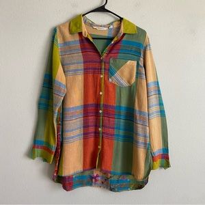 Soft Surroundings Plaid Embroidered Shirt Button Up Floral Blouse Size PS